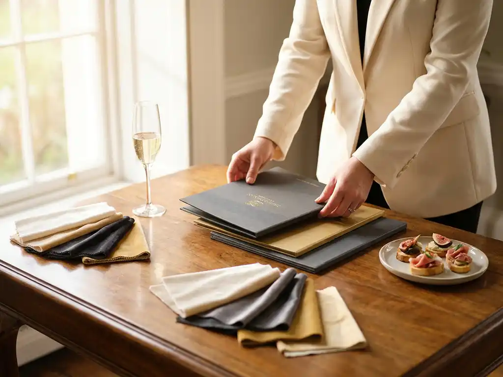 Catering-Profi arrangiert elegante Angebotsmappe auf Holztisch mit Stoffmustern, Champagnerflöte und Appetithäppchen.