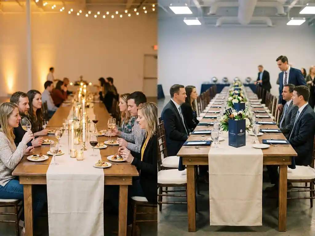 Eleganter Banketttisch mit zwei Atmosphären: entspannte Cocktailrunde mit Weingläsern und formelle Unternehmensbestuhlung, Kerzenlichter, Creme und Marineblau.