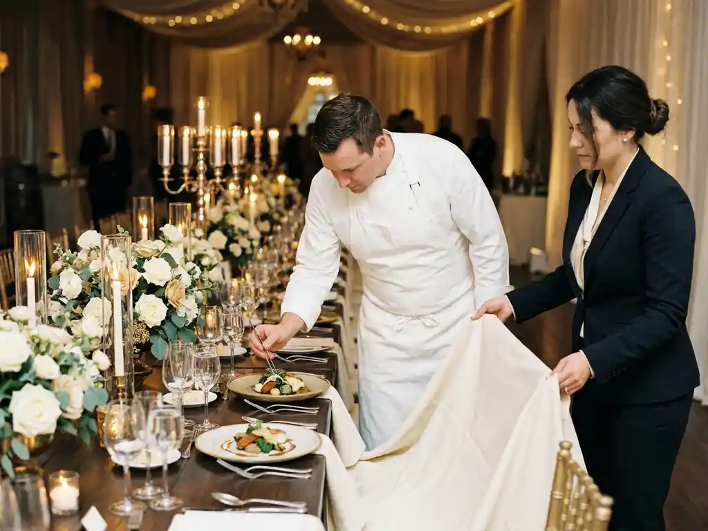 Küchenchef und Eventkoordinator decken eleganten Banketttisch mit Leinendecke, Kerzenleuchtern und floralen Arrangements in warmem Kerzenlicht.