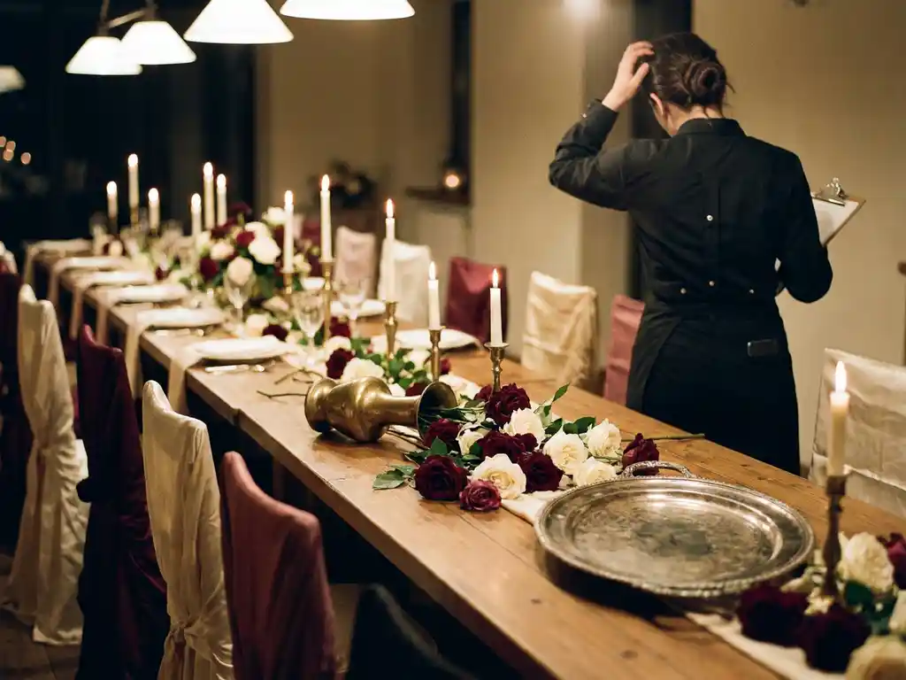 Gestresste Eventmanagerin mit Klemmbrett an festlich gedecktem Tisch mit umgekipptem Blumenmittelstück und unpassenden Stuhlhussen.