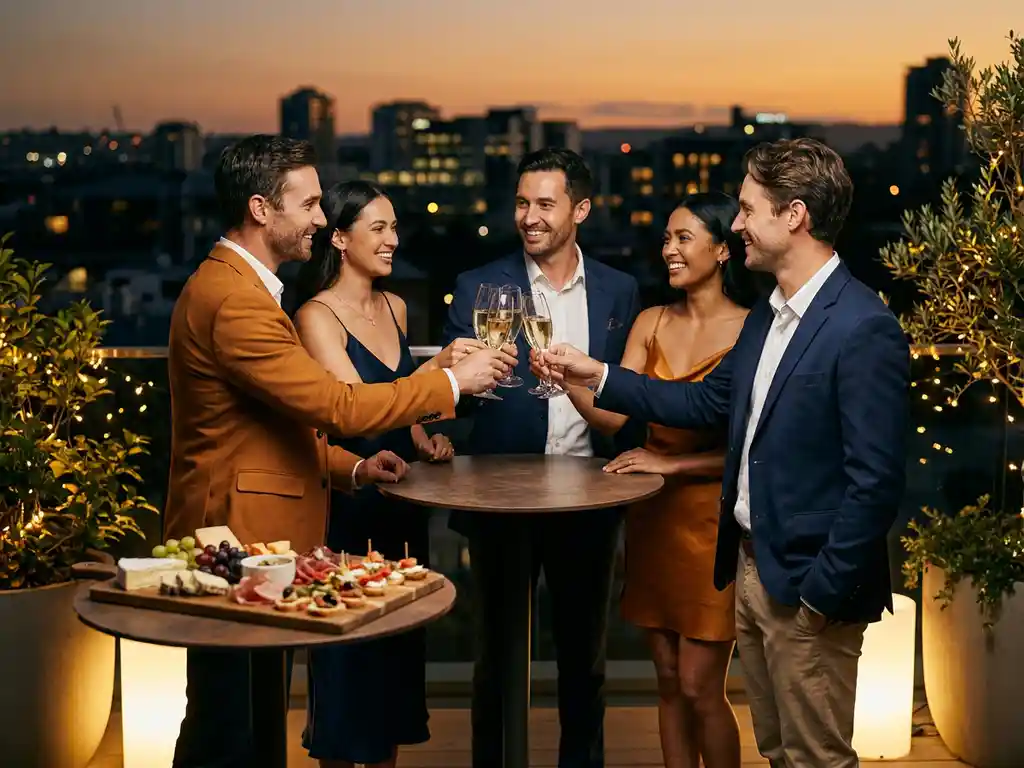 Elegante Kollegen stoßen bei Dämmerung auf einer Dachterrasse mit Sektgläsern an, Stadtsilhouette im Hintergrund.