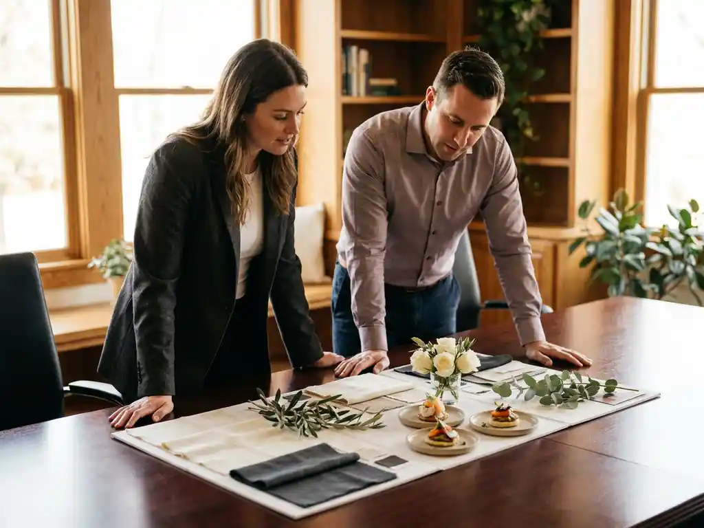 Catering-Manager und Unternehmenskunde besprechen ein Mood Board mit Stoffmustern, Blumenproben und Miniatur-Speiseproben im Konferenzraum.