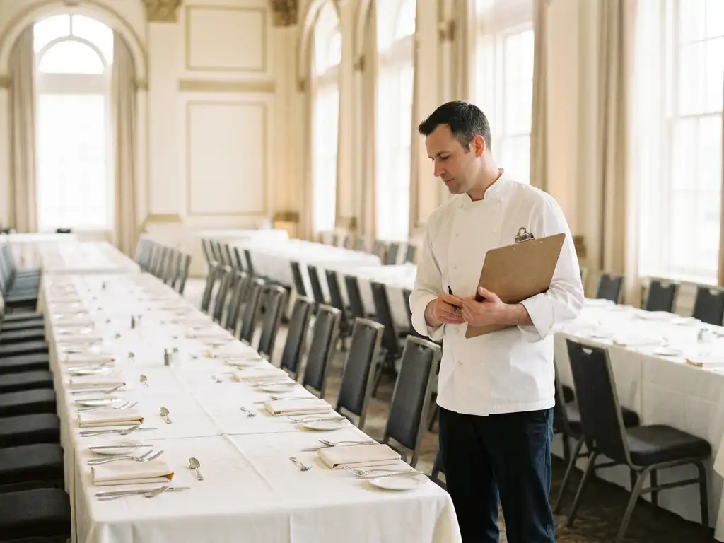 Cateringmanager in weißer Uniform prüft Klemmbrett neben festlich gedeckten Banketttischen mit Silberbesteck in elegantem Veranstaltungssaal.