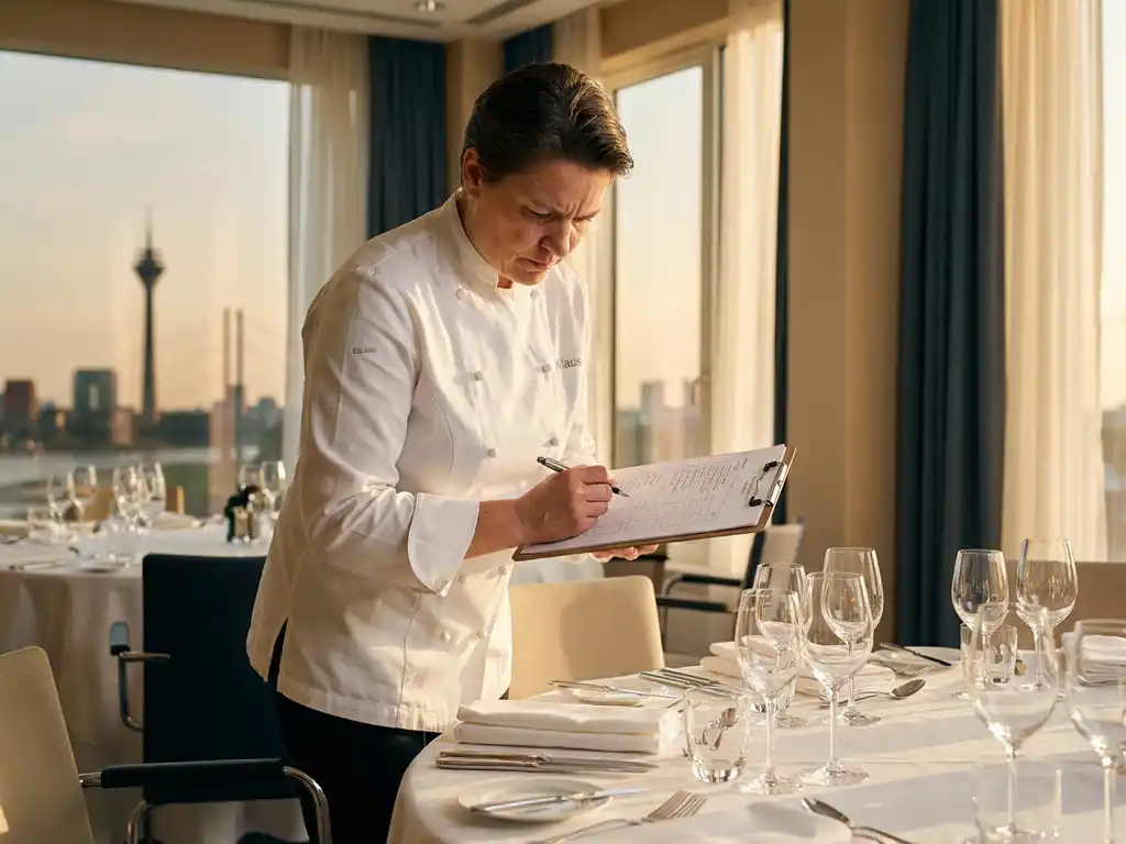 Cateringmanager im weißen Kochkittel prüft Checkliste am Klemmbrett, umgeben von Gläsern und Leinentischdecken, Düsseldorfer Skyline im Hintergrund.