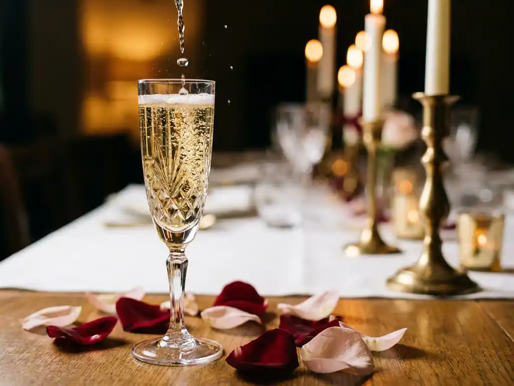 Champagnerflöte beim Einschenken mit goldenen Blasen, Rosenblättern und Kerzenlicht auf weißem Leinentisch im Hintergrund.