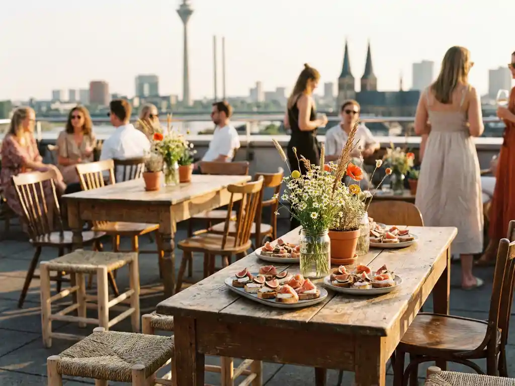 Sonnendurchflutete Dachterrasse in Düsseldorf mit Vintage-Stühlen, rustikalen Holztischen, Wildblumen und Häppchen im goldenen Abendlicht.