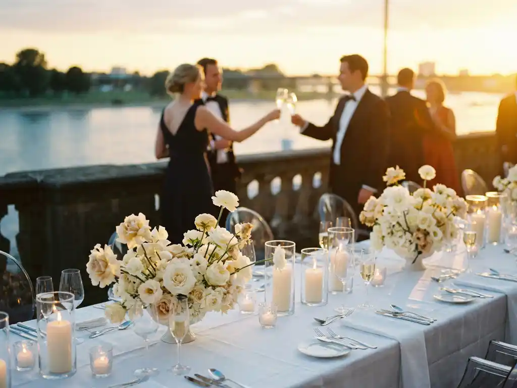 Elegant gedeckte Festtafel auf einer Düsseldorfer Rheinufer-Terrasse bei goldenem Abendlicht mit Blumenarrangements und Champagnergläsern.
