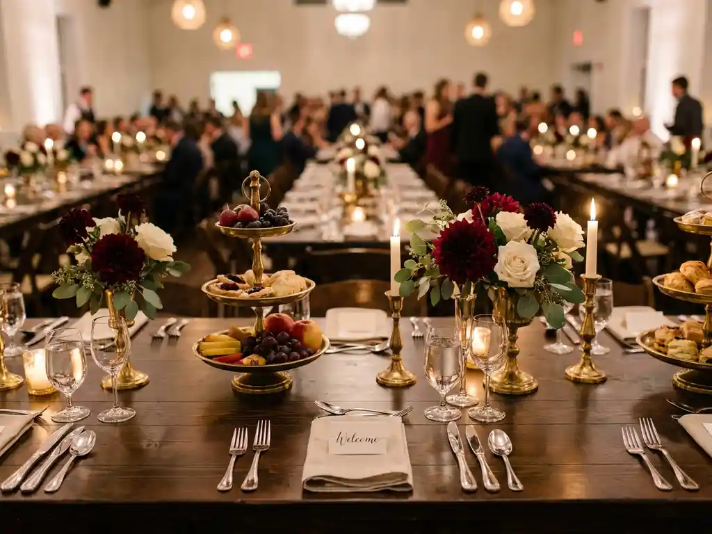 Elegant gedeckter Banketttisch mit gestuften Serviertabletts, poliertem Silberbesteck und Blumendekoration in warmem Kerzenlicht.
