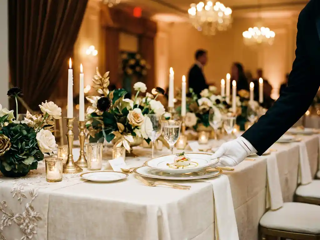 Weißbehandschuhter Kellner serviert ein elegant angerichtetes Amuse-Bouche auf einem kerzengeschmückten Banketttisch mit Leinendecke und floralen Arrangements.