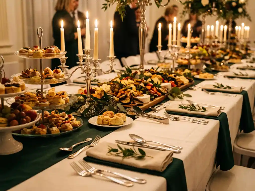 Eleganter Festtafel mit Fingerfood-Etagen, weißem Leinengedeck, Kerzenglanz auf Silberbesteck und grünen Dekorationen.