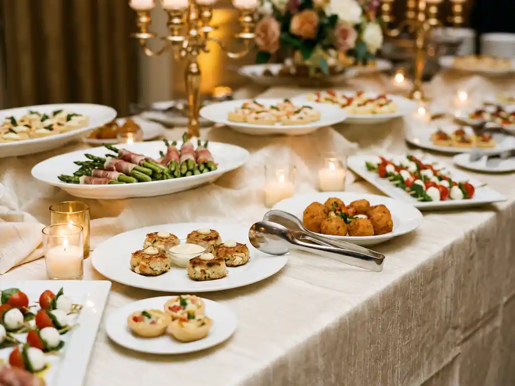 Elegante Catering-Tafel mit Gourmet-Häppchen auf weißem Porzellan, silberne Servirzange, warmes Kerzenlicht in Gold- und Elfenbeinfarben.