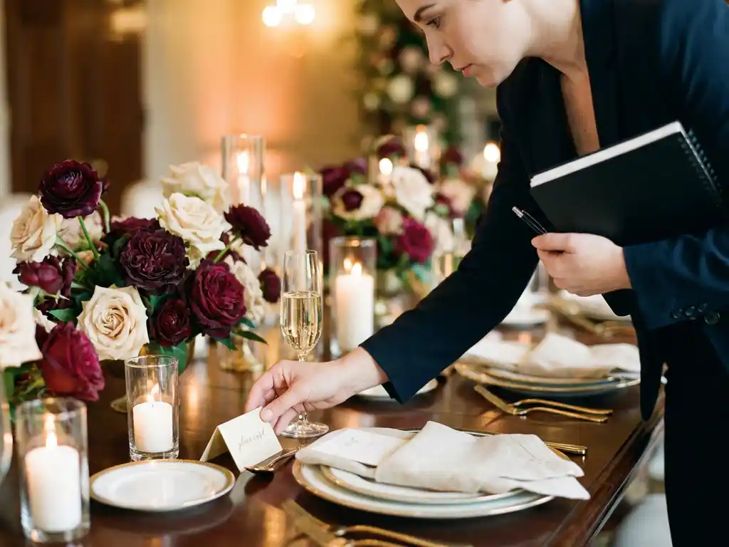 Eventplanerin prüft elegante Tischgestaltung mit Blumendekoration, Leinenservietten und handgeschriebenen Platzkarten bei warmem Kerzenlicht.