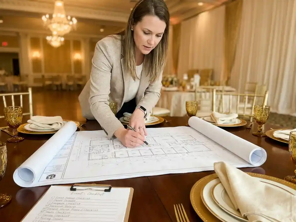 Eventkoordinatorin prüft Raumplan auf elegantem Tisch mit Leinenservietten und Klemmbrett, Kronleuchter im unscharfen Hintergrund.
