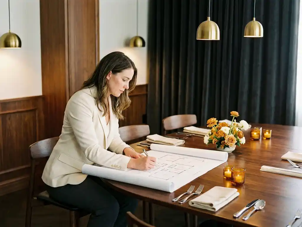 Veranstaltungskoordinatorin prüft Raumplan auf elegantem Banketttisch mit Silberbesteck, Leinenservietten und Blumendekoration im warmen Lichtschein.