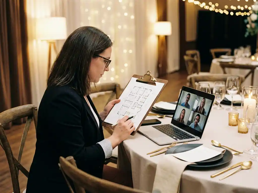 Eventkoordinatorin prüft Raumplan auf Klemmbrett neben gedecktem Banketttisch, Laptop mit Videoanruf, Kerzenlicht und warmem Ambiente.