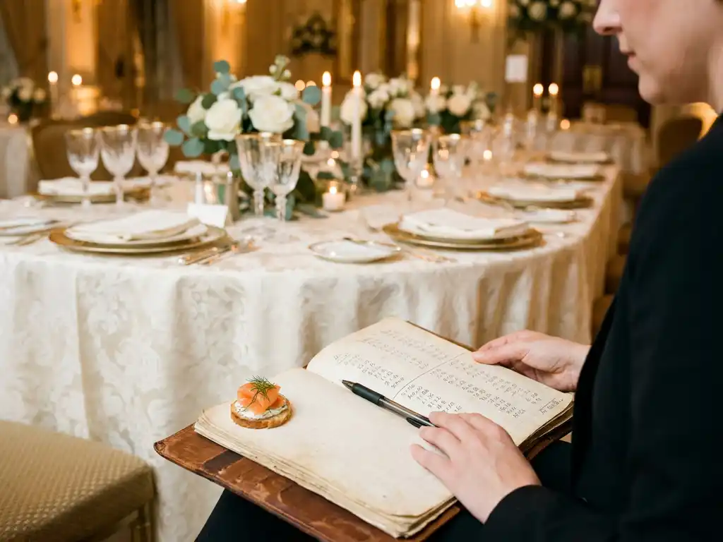 Eventplanerin prüft Budgetnotizen neben festlich gedecktem Banketttisch mit Blumenarrangements und Kerzenambiente.