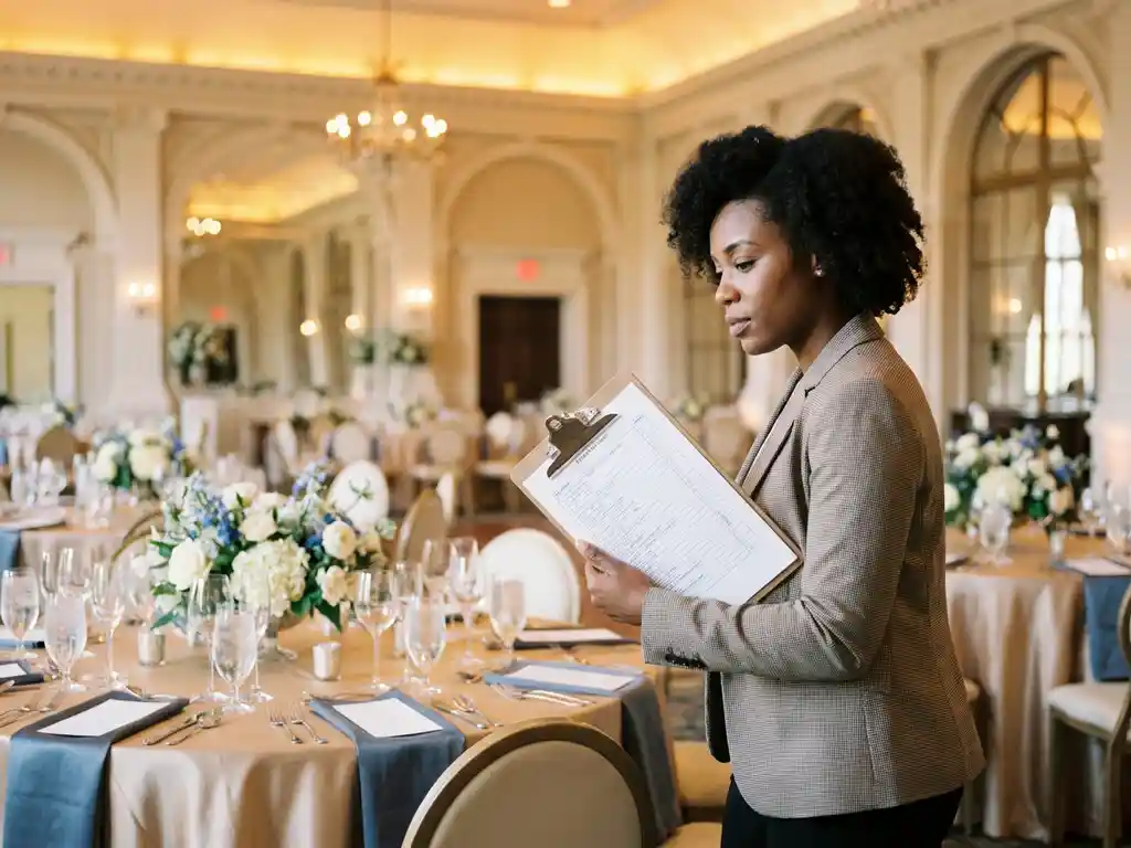 Eventplanerin prüft Checkliste neben festlich gedecktem Banketttisch mit Blumendekoration in einem eleganten NRW-Veranstaltungssaal.