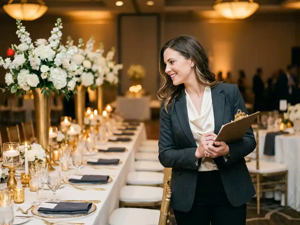 Eventplanerin mit Klemmbrett prüft Tischdekor eines Gala-Dinners mit weißen Blumenstilarrangements und elegantem Tafelgeschirr.