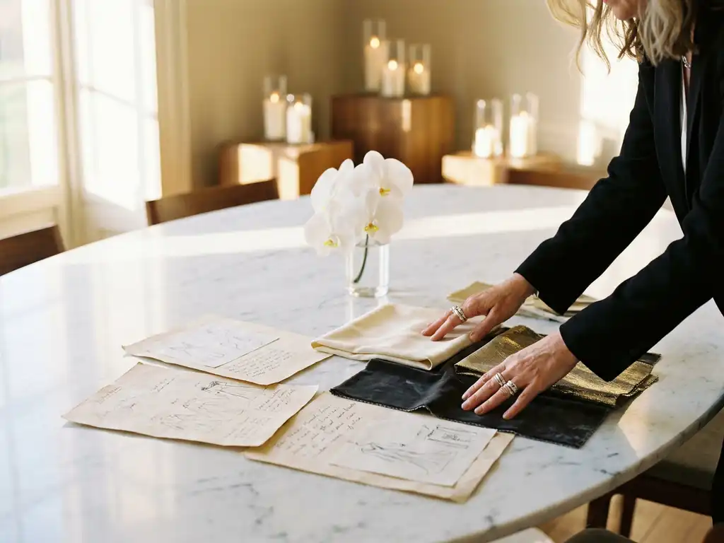 Erfahrene Eventplanerin arrangiert Moodboards, Stoffmuster und Notizen auf Marmortisch mit weißer Orchidee und Kerzenlicht im Hintergrund.