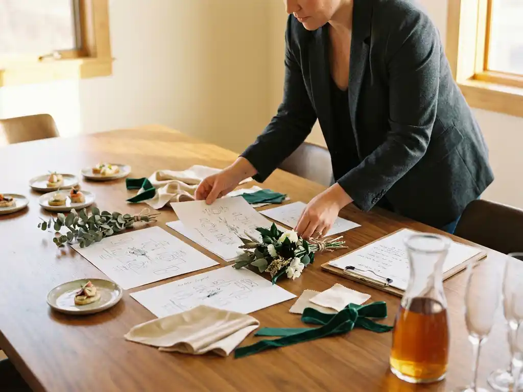 Eventplanerin breitet Tischdekorations-Skizzen und Blumenarrangements auf Holztisch aus, Klemmbrett und Kostproben im warmen Nachmittagslicht.