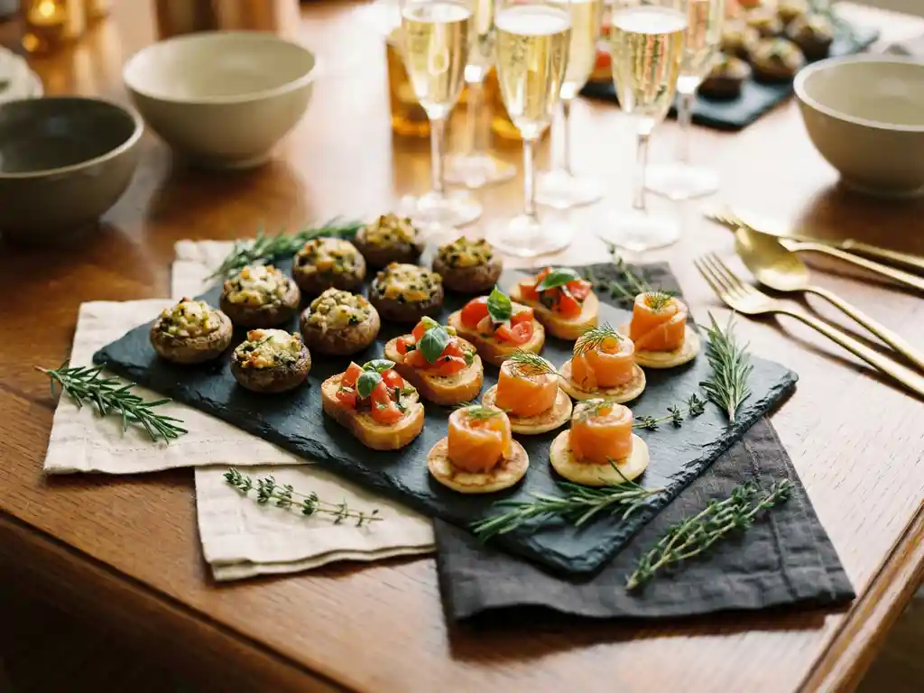 Schieferplatte mit Fingerfood-Häppchen – gefüllte Champignons, Bruschetta und Räucherlachs-Canapés, garniert mit frischen Kräutern, Champagnergläser im Hintergrund.