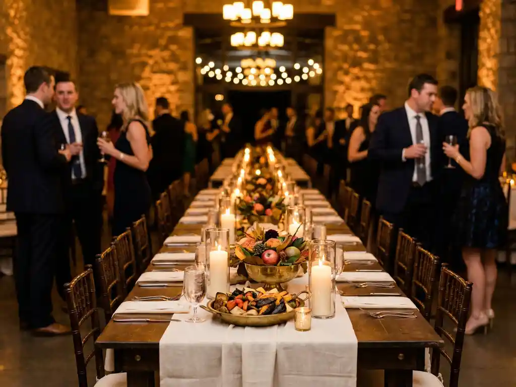 Elegant gedeckter Banketttisch mit Kerzenarrangements und saisonalen Speisen bei einem gehobenen Corporate-Event.