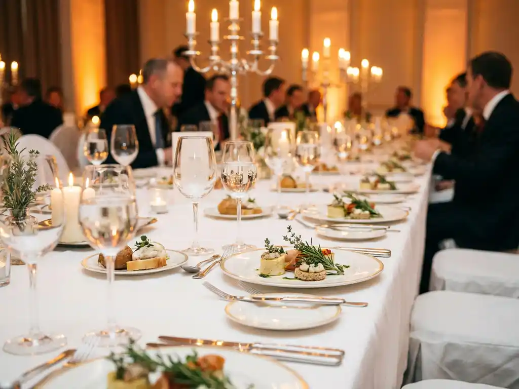 Eleganter Banketttisch mit weißen Tischdecken, feinem Glas und dekorierten Vorspeisen bei warmem Kerzenlicht für ein Firmen-Event.