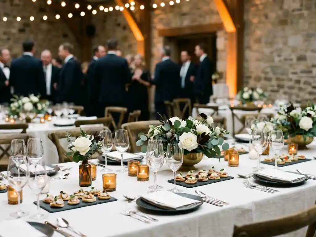 Elegant gedeckter Banketttisch mit weißem Leinentuch, Canapés, Weingläsern und floralen Mittelstücken bei Kerzenschein.