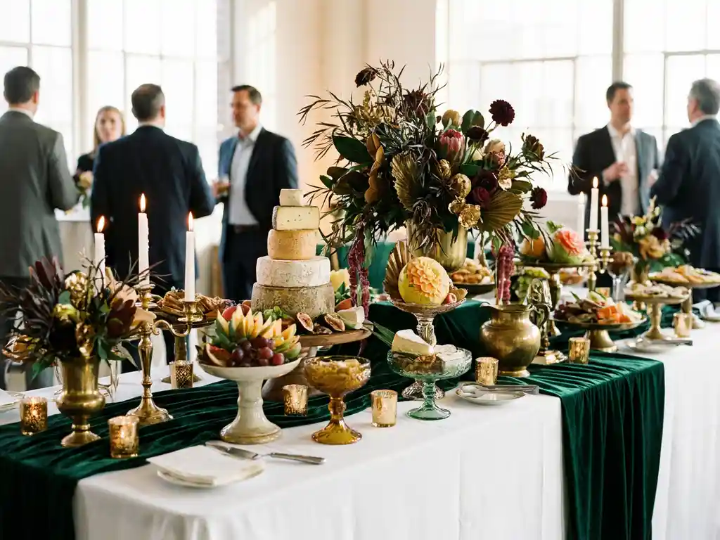 Festlich dekoriertes Firmenbuffet mit skulpturalen Speisenarrangements, botanischen Mittelstücken und Kerzenlichtern auf weißem Leinen.