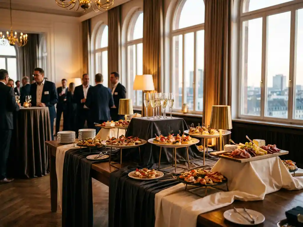 Elegantes Buffet mit Canapés, Charcuterie und Champagnergläsern bei einem Corporate Event in einem Düsseldorfer Veranstaltungssaal.
