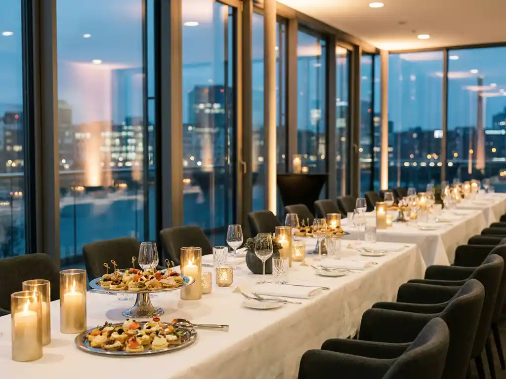 Elegantes Firmen-Event in Düsseldorf mit weißen Banketttischen, Canapés, Sektgläsern und Kerzenlicht vor der Stadtsilhouette.