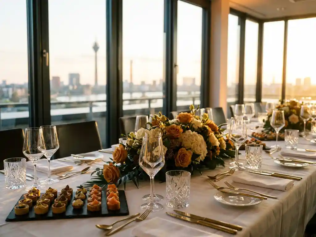 Elegant gedeckter Tisch bei einem Firmen-Event in Düsseldorf mit Canapés auf Schieferplatten, Kristallgläsern und Blumendekoration beim Sonnenuntergang.