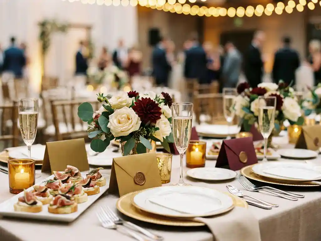 Elegant gedeckter Tisch bei einer Firmenfeier mit Canapés, Champagnergläsern und Blumengestecken im warmen Kerzenlicht.
