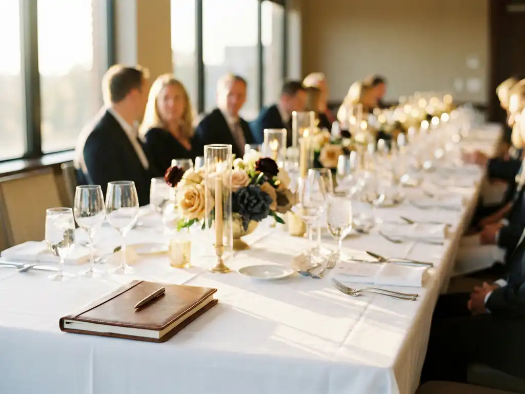 Festlich gedeckte Banketttafel mit weißen Tischdecken, poliertem Glas und Blumenarrangements, Eventplaner-Notizbuch im Vordergrund, goldenes Licht.