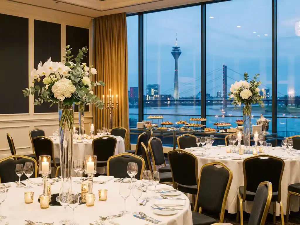 Eleganter Firmen-Eventlocation in Düsseldorf bei Dämmerung mit gedeckten Tischen, Blumengestecken und Blick auf die Rhein-Skyline.