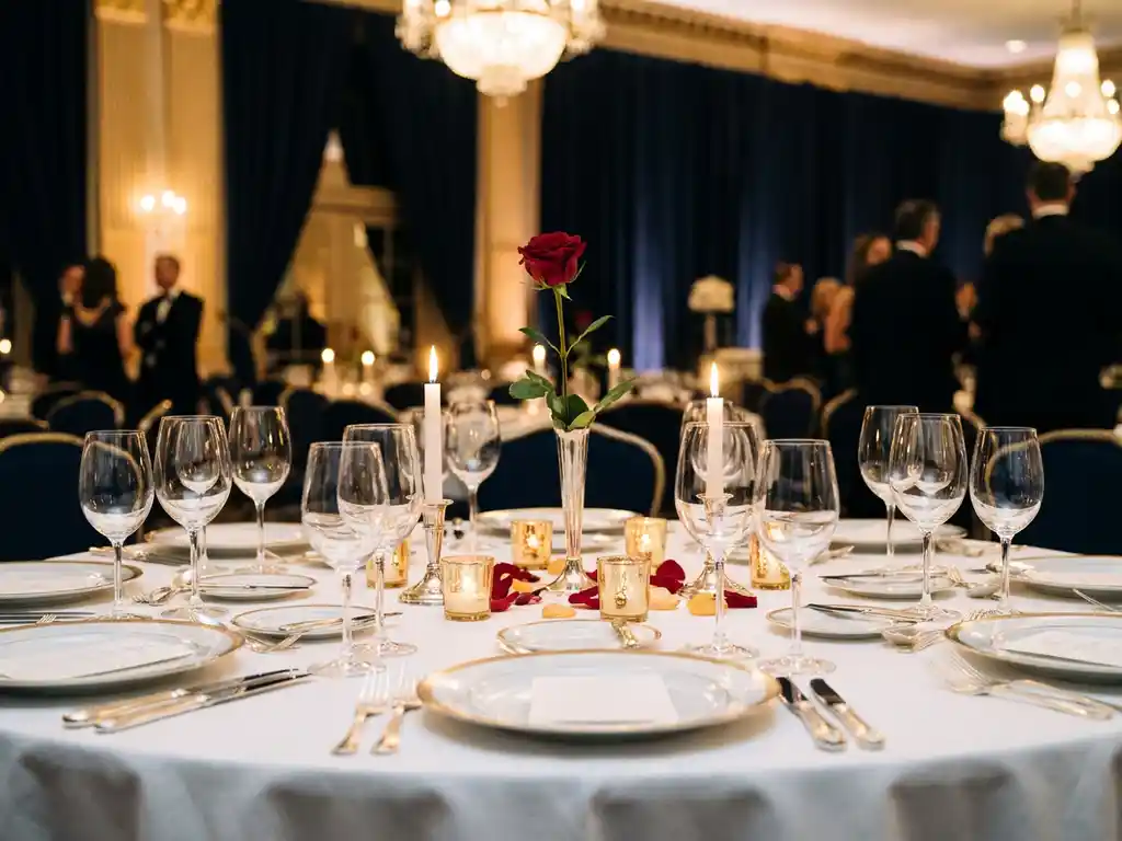 Festlich gedeckter Gala-Tisch mit weißem Tischtuch, Feinporzellan, Kristallgläsern und Silberbesteck bei Kerzenschein im eleganten Ballsaal.
