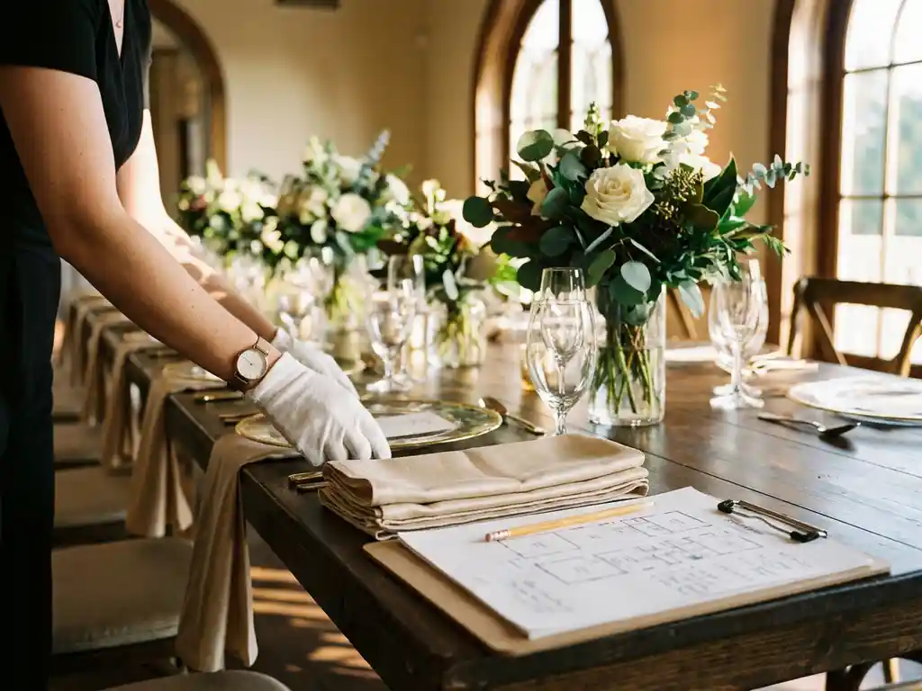 Eventplanerin arrangiert elegante Tischdekorationen mit Leinenservietten, Blumencenterpieces und Grundriss-Klemmbrett in warmem Fensterlicht.