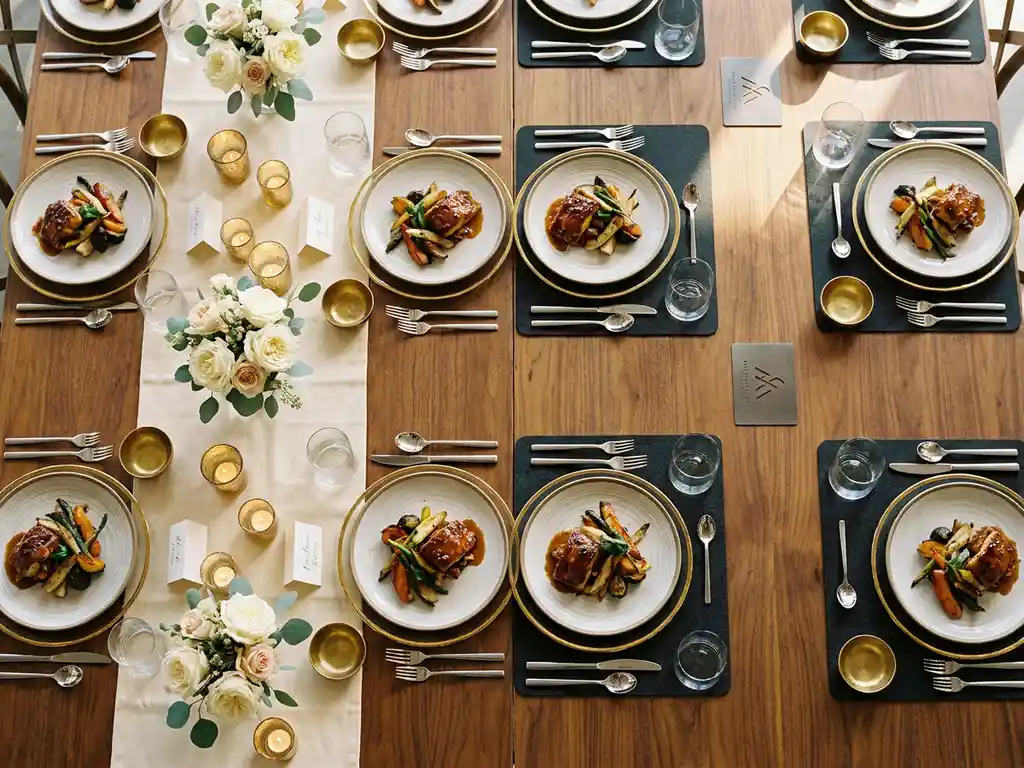 Langer Festtafel mit zwei Stimmungen: romantische Blumengestecke und Kerzen auf einer Seite, schlichtes Corporate-Design auf der anderen, verbunden durch elegante Speisen.