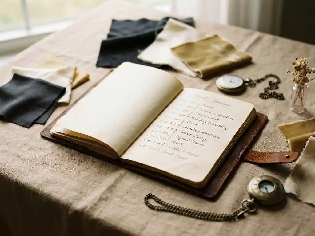 Aufgeschlagenes Leder-Notizbuch mit Zeitplan, umgeben von Tischdekor-Mustern, einer Taschenuhr und Blumenarrangement auf Leinenuntergrund.