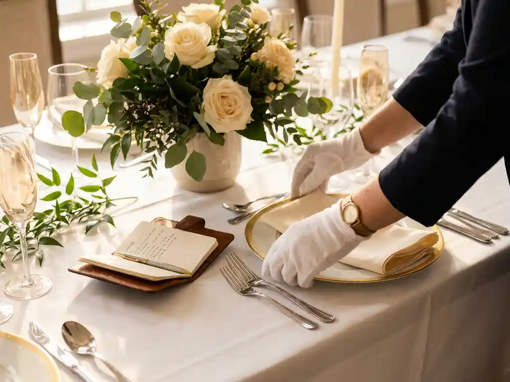 Eventplanerin arrangiert elegante Tischdekoration mit Silberbesteck, Blumencenterpiece und Leder-Notizbuch im warmen Nachmittagslicht.