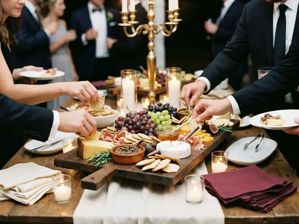 Rustikales Holzbrett mit Käsespezialitäten, Charcuterie und Dips bei elegantem Event, Kerzenlicht, Gäste greifen zu.