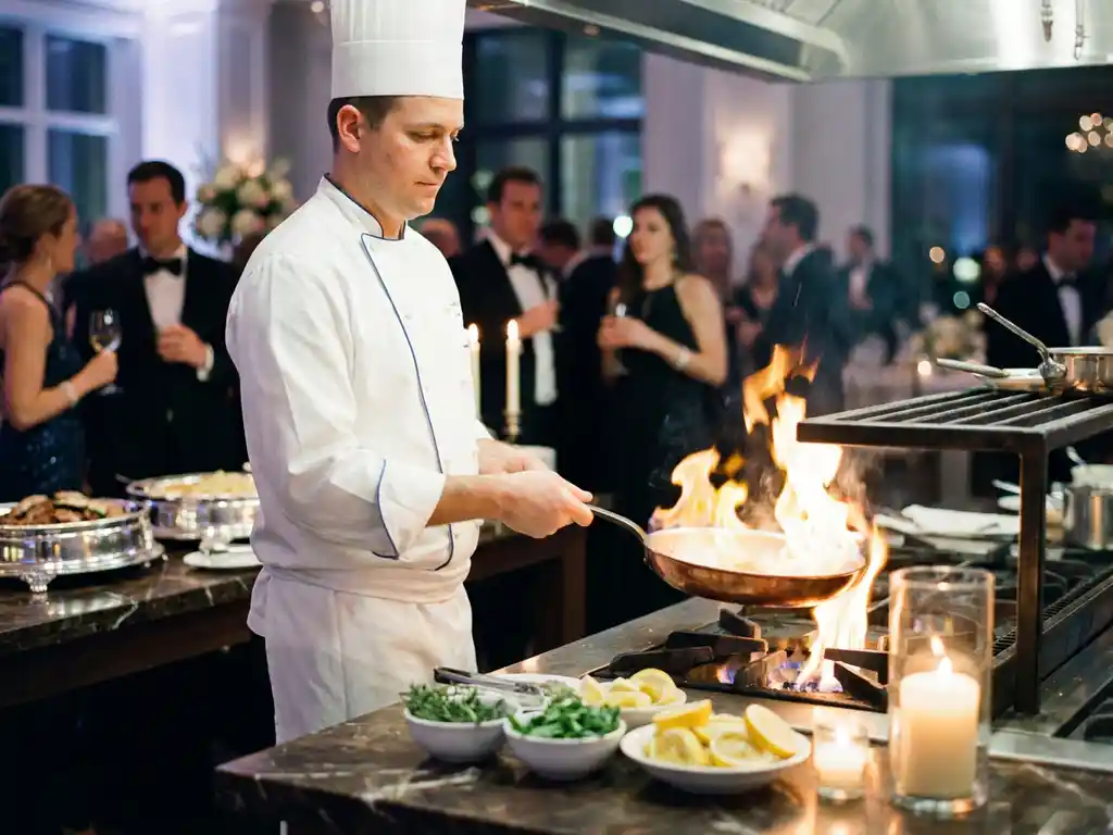 Koch in weißer Uniform flambiert Kupferpfanne über offenem Feuer, frische Zutaten auf dunklem Marmor, elegante Gäste im Hintergrund.