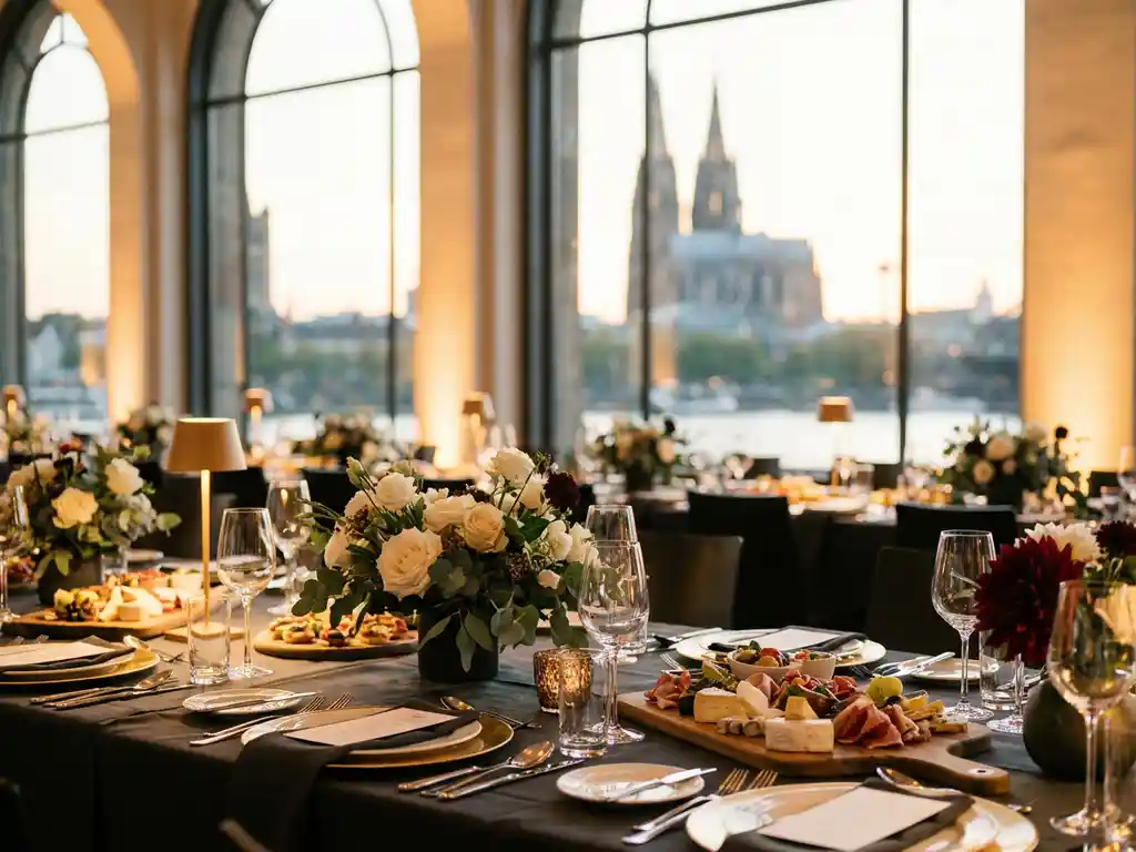 Elegant gedeckter Tisch bei einem Firmenevent in Köln mit Cateringplatten, Blumengesteck und Gläsern, Kölner Dom im Hintergrund.