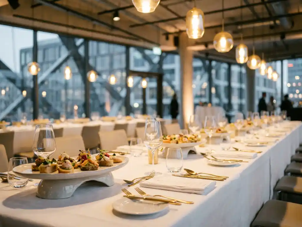 Elegant gedeckter Konferenz-Banketttisch mit weißen Leinentüchern, Canapé-Platten und poliertem Glas in einem modernen Düsseldorfer Veranstaltungssaal.