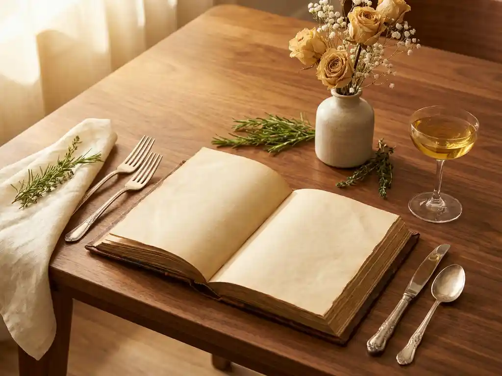 Aufgeschlagenes Leder-Angebotsdokument auf poliertem Holztisch mit elegantem Gedeck, Leinenserviette und floraler Tischdekoration im warmen Nachmittagslicht.