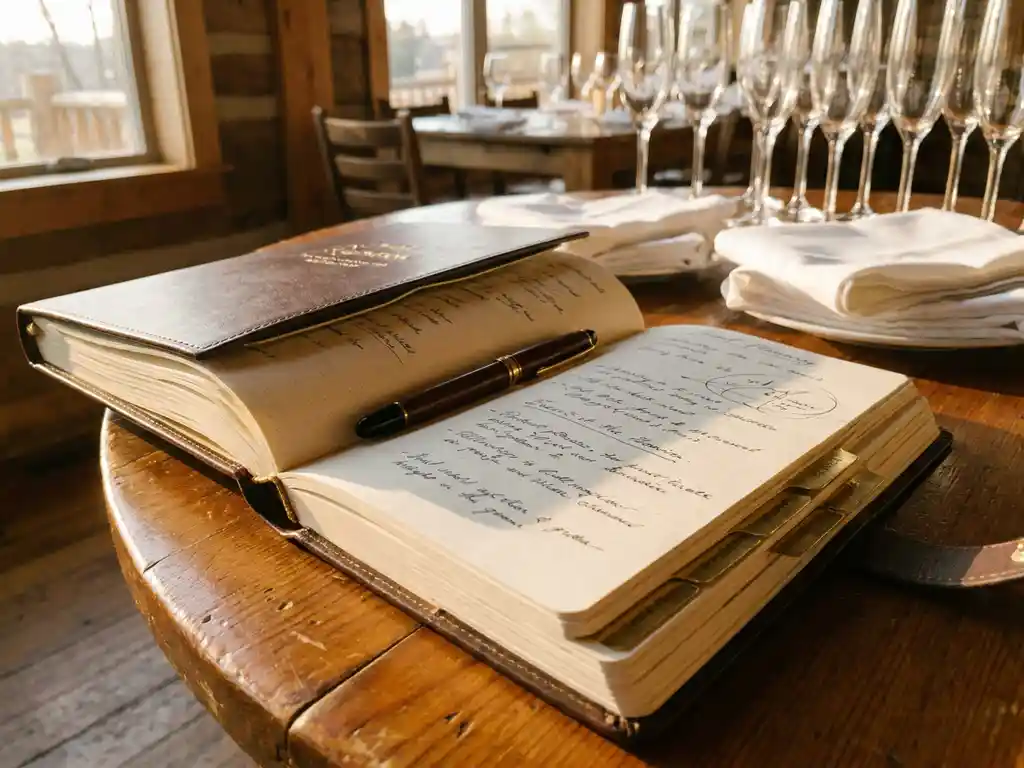 Aufgeschlagenes Leder-Notizbuch mit elegantem Stift auf poliertem Holztisch, unscharfe Champagnergläser und weiße Leinenservietten im Hintergrund.