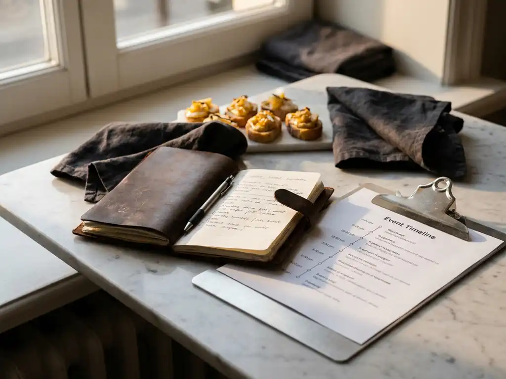 Ledergebundenes Notizbuch und Klemmbrett mit Veranstaltungsplan, elegante Canapés und Leinenservietten auf Marmor im warmen Gegenlicht.