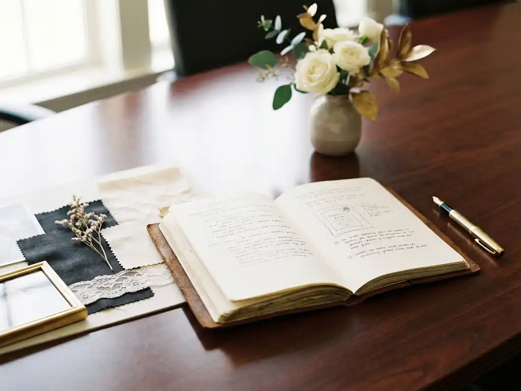 Aufgeschlagenes Leder-Notizbuch auf Konferenztisch mit Stoffmustern, elegantem Stift und Blumendekoration im warmen Licht.