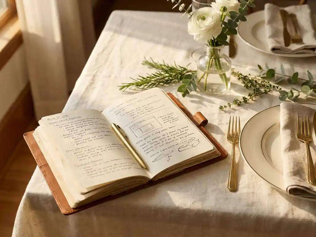Aufgeschlagenes Leder-Notizbuch mit handschriftlichen Notizen auf leinengedecktem Tisch, umgeben von elegantem Gedeck, frischen Kräutern und weißen Blumen im goldenen Nachmittagslicht.