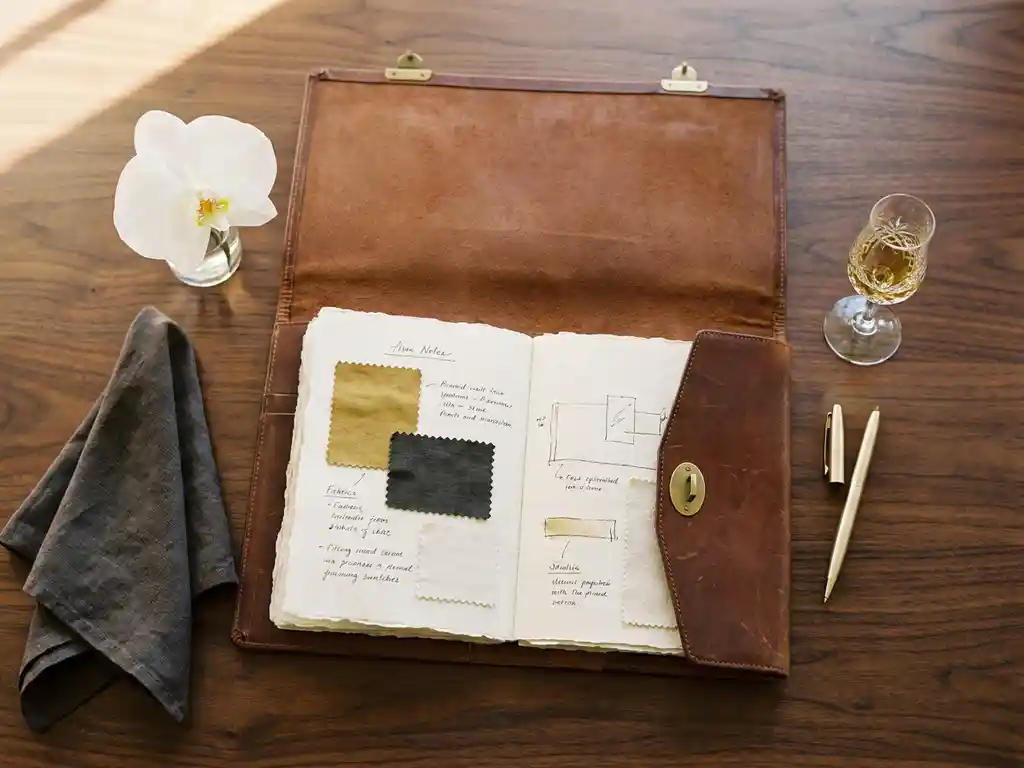 Aufgeschlagenes Leder-Eventplanungsportfolio auf dunklem Holztisch mit weißer Orchidee, Leinenstoff, Stift und Glaskelch.